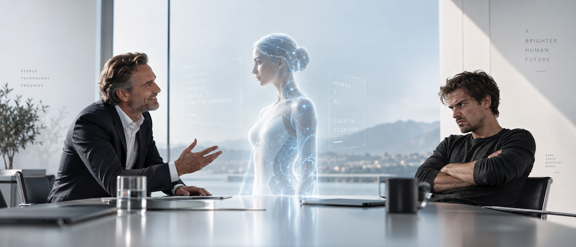 Geschäftsleitung, Mitarbeiter und eine digitale KI-Figur in einem Konferenzraum