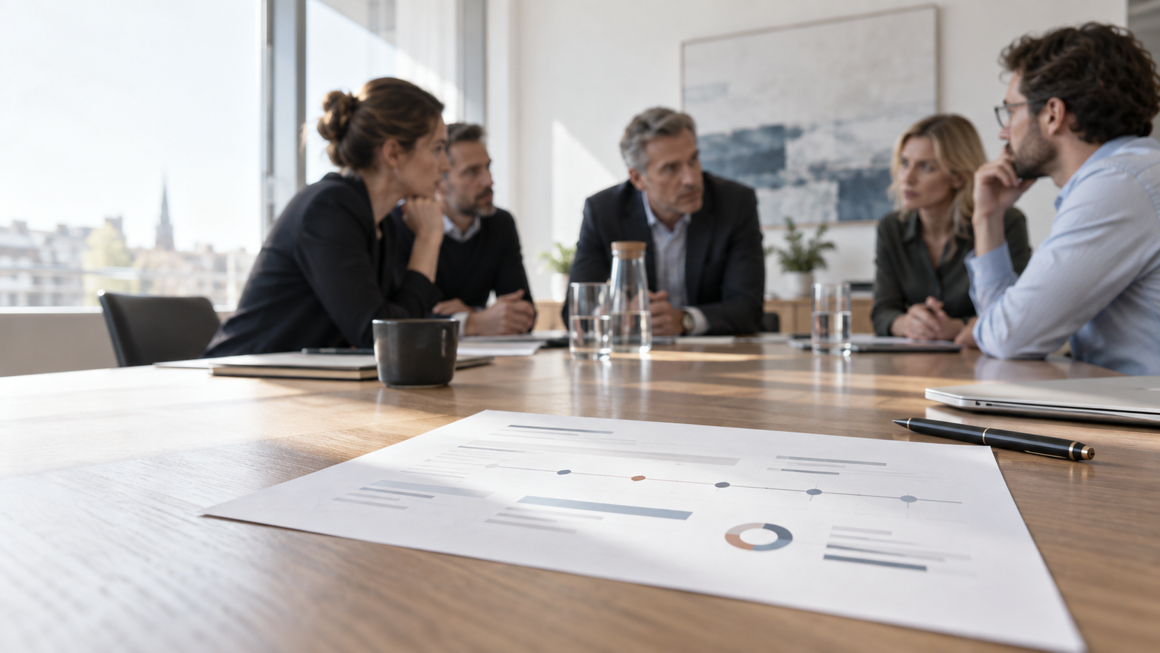 Projektunterlagen im Vordergrund, Personen im Gespräch im Hintergrund