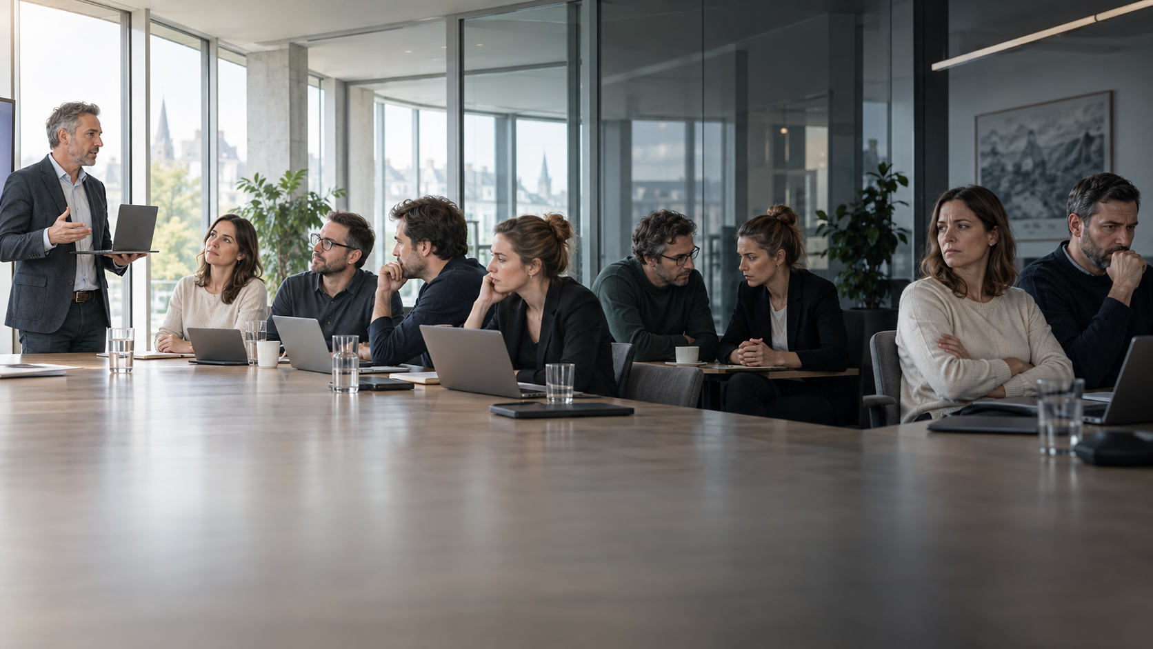 Angespannte Besprechung mit wachsender Distanz zwischen Leitung und Beschäftigten