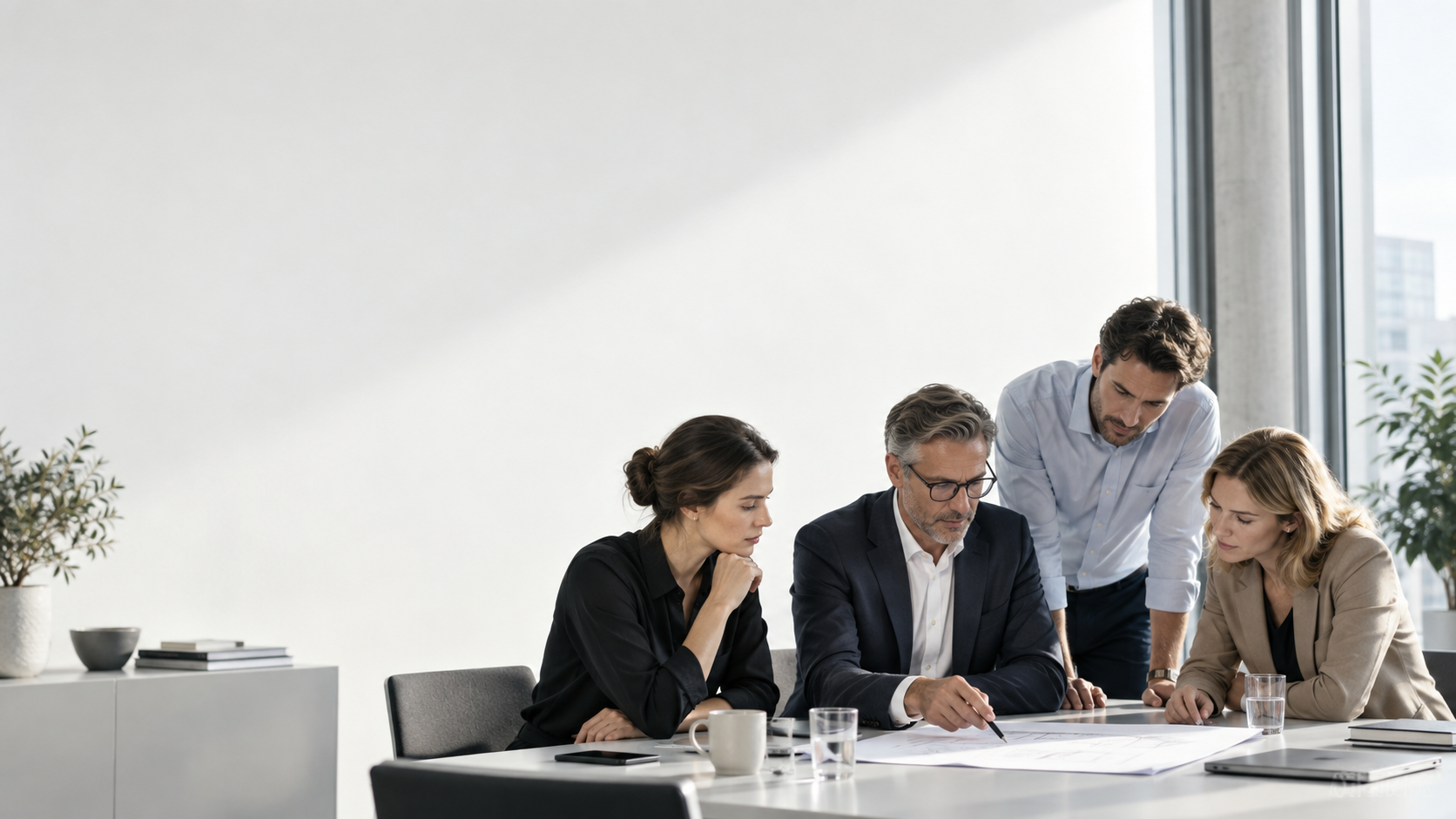 Leitung und Beschäftigte prüfen gemeinsam Unterlagen an einem Tisch
